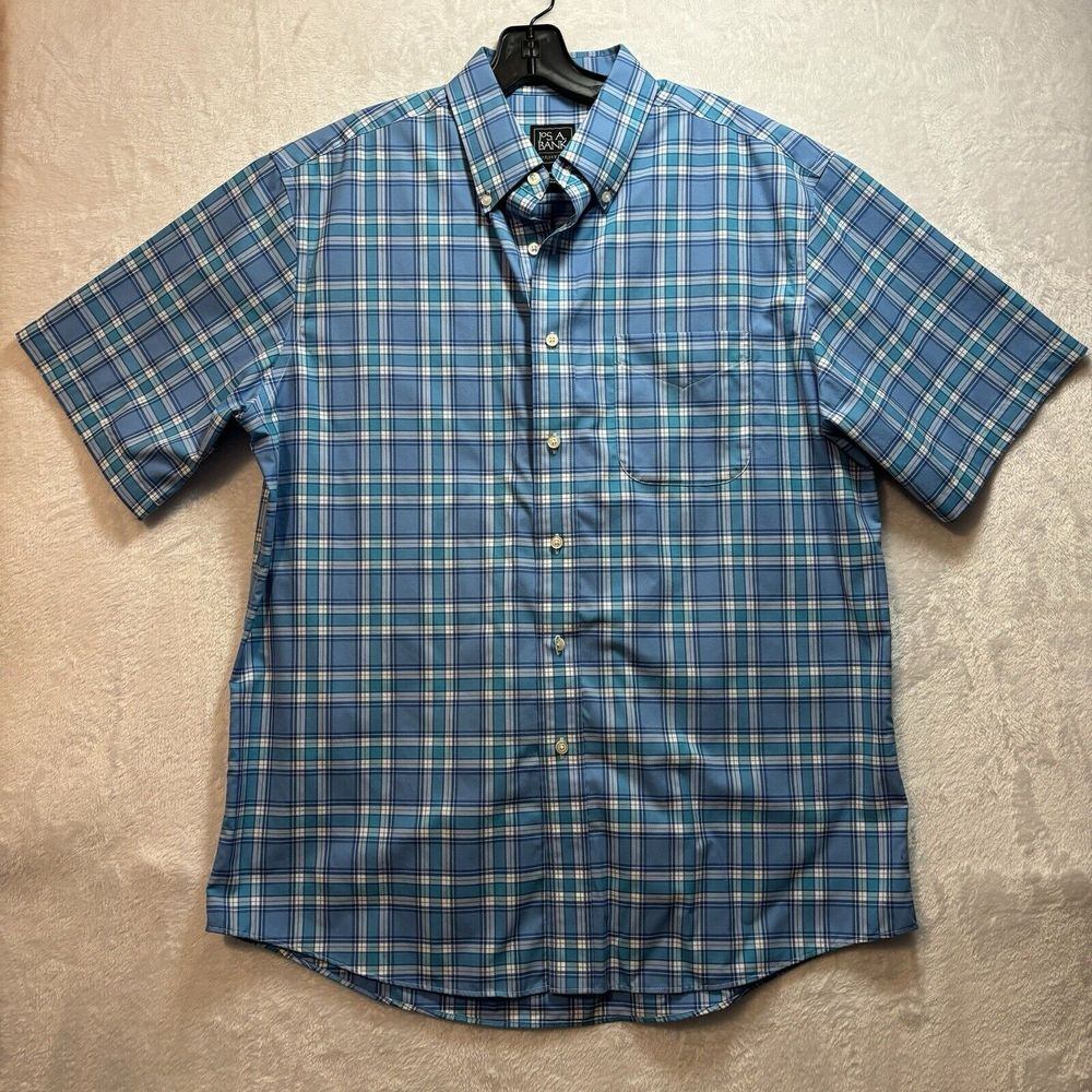Jos A Bank Mens Shirt Blue and White  100% COTTON Tailored Fit Large